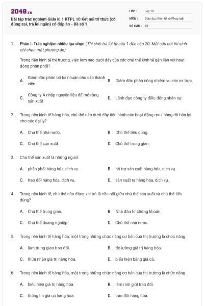 Bài tập trắc nghiệm Giữa kì 1 KTPL 10 Kết nối tri thức (có đúng sai, trả lời ngắn) có đáp án - Đề số 1
