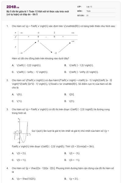 Bộ 5 đề thi giữa kì 1 Toán 12 Kết nối tri thức cấu trúc mới (có tự luận) có đáp án - Đề 5