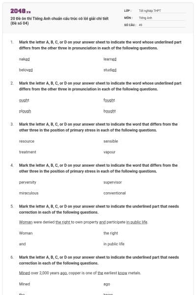 20 Đề ôn thi Tiếng Anh chuẩn cấu trúc có lời giải chi tiết (Đề số 04)