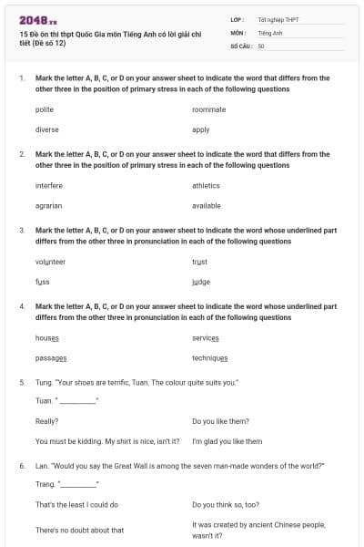15 Đề ôn thi thpt Quốc Gia môn Tiếng Anh có lời giải chi tiết (Đề số 12)