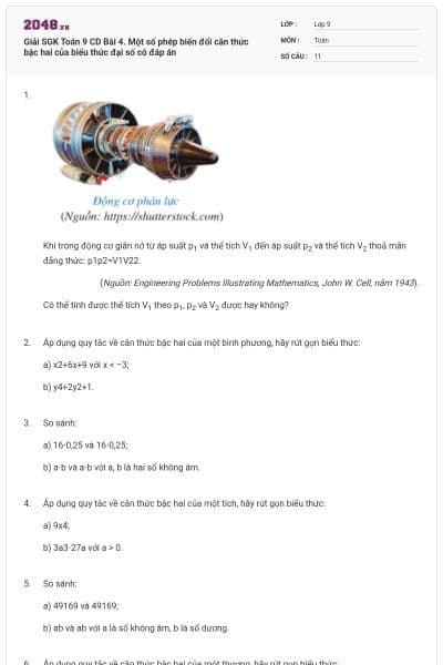 Giải SGK Toán 9 CD Bài 4. Một số phép biến đổi căn thức bậc hai của biểu thức đại số có đáp án