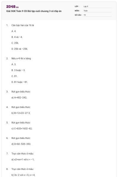 Giải SGK Toán 9 CD Bài tập cuối chương 3 có đáp án