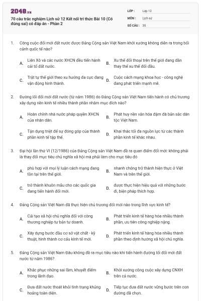 70 câu trắc nghiệm Lịch sử 12 Kết nối tri thức Bài 10 (Có đúng sai) có đáp án - Phần 2