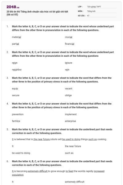 20 Đề ôn thi Tiếng Anh chuẩn cấu trúc có lời giải chi tiết (Đề số 05)