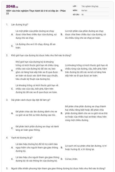 400+ câu trắc nghiệm Thực hành lái ô tô có đáp án - Phần 22