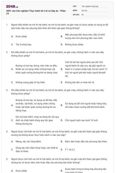 400+ câu trắc nghiệm Thực hành lái ô tô có đáp án - Phần 24