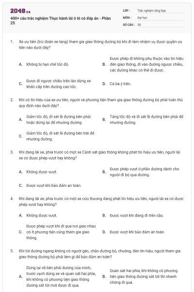 400+ câu trắc nghiệm Thực hành lái ô tô có đáp án - Phần 25