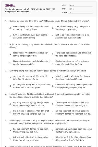 70 câu trắc nghiệm Lịch sử 12 Kết nối tri thức Bài 11 (Có đúng sai) có đáp án - Phần 3