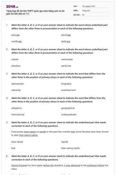 Tổng hợp đề thi thử THPT quốc gia môn tiếng anh có lời giải chi tiết (Đề số 11)