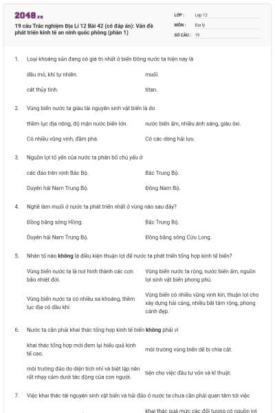 19 câu Trắc nghiệm Địa Lí 12 Bài 42 (có đáp án): Vấn đề phát triển kinh tế an ninh quốc phòng (phần 1)