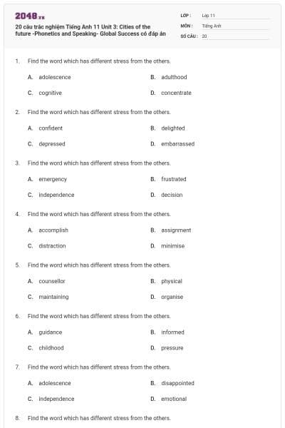 20 câu trắc nghiệm Tiếng Anh 11 Unit 3: Cities of the future -Phonetics and Speaking- Global Success có đáp án