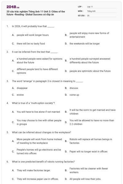20 câu trắc nghiệm Tiếng Anh 11 Unit 3: Cities of the future -Reading- Global Success có đáp án