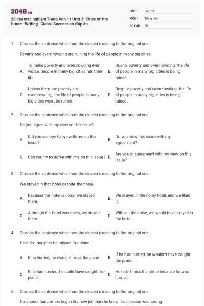 20 câu trắc nghiệm Tiếng Anh 11 Unit 3: Cities of the future -Writing- Global Success có đáp án