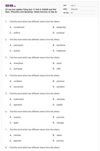 20 câu trắc nghiệm Tiếng Anh 11 Unit 4: ASEAN and Viet Nam -Phonetics and Speaking- Global Success có đáp án