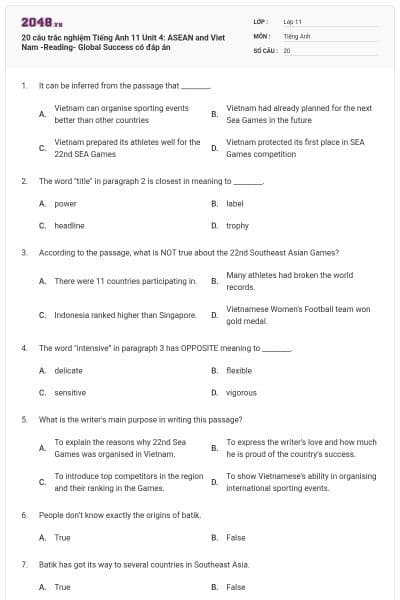 20 câu trắc nghiệm Tiếng Anh 11 Unit 4: ASEAN and Viet Nam -Reading- Global Success có đáp án