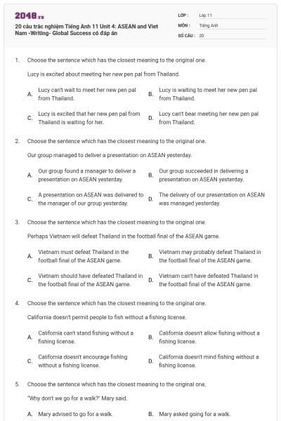 20 câu trắc nghiệm Tiếng Anh 11 Unit 4: ASEAN and Viet Nam -Writing- Global Success có đáp án