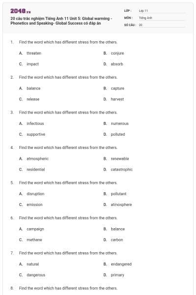 20 câu trắc nghiệm Tiếng Anh 11 Unit 5: Global warming -Phonetics and Speaking- Global Success có đáp án