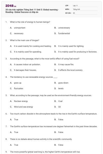 20 câu trắc nghiệm Tiếng Anh 11 Unit 5: Global warming -Reading- Global Success có đáp án