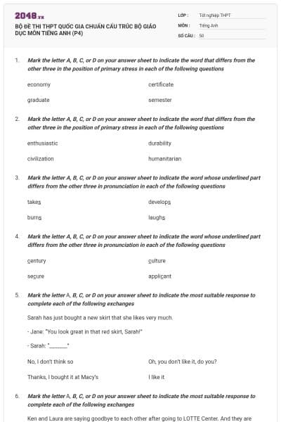 BỘ ĐỀ THI THPT QUỐC GIA CHUẨN CẤU TRÚC BỘ GIÁO DỤC MÔN TIẾNG ANH (P4)