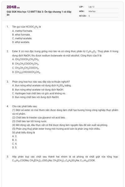 Giải SGK Hóa học 12 KNTT Bài 3: Ôn tập chương 1 có đáp án