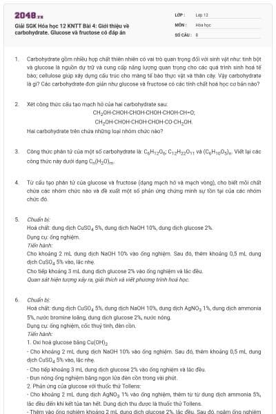 Giải SGK Hóa học 12 KNTT Bài 4: Giới thiệu về carbohydrate. Glucose và fructose có đáp án