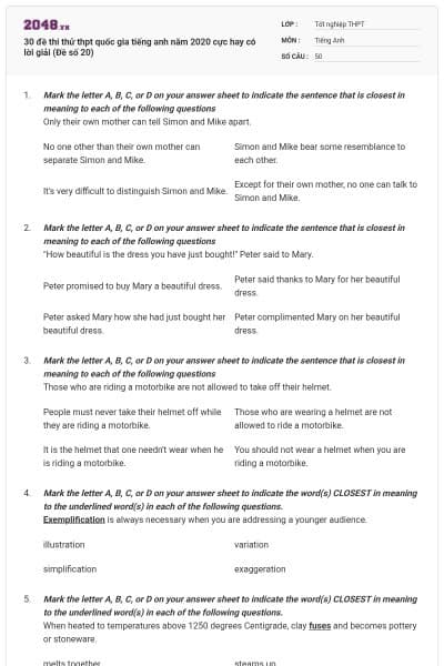 30 đề thi thử thpt quốc gia tiếng anh năm 2020 cực hay có lời giải (Đề số 20)