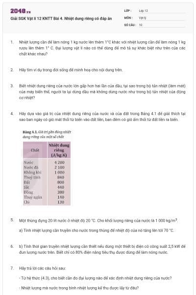 Giải SGK Vật lí 12 KNTT Bài 4. Nhiệt dung riêng có đáp án