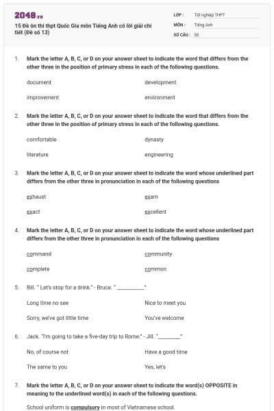 15 Đề ôn thi thpt Quốc Gia môn Tiếng Anh có lời giải chi tiết (Đề số 13)