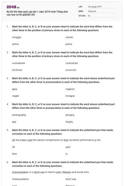 Kỳ thi thử thpt quốc gia lần 1 năm 2019 môn Tiếng Anh cực hay có lời giải(Đề 20)
