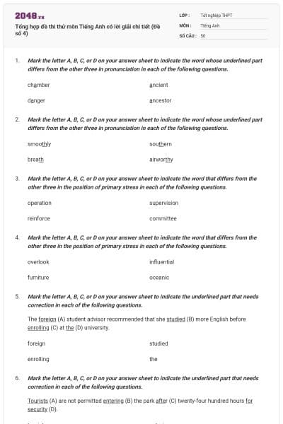 Tổng hợp đề thi thử môn Tiếng Anh có lời giải chi tiết (Đề số 4)