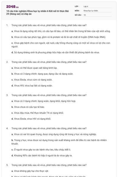 10 câu trắc nghiệm Khoa học tự nhiên 6 Kết nối tri thức Bài 29 (Đúng sai) có đáp án