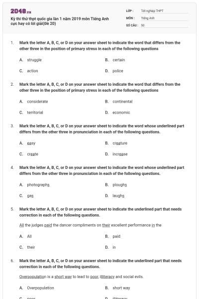 Kỳ thi thử thpt quốc gia lần 1 năm 2019 môn Tiếng Anh cực hay có lời giải(Đề 20)
