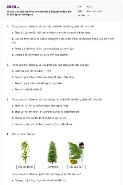 10 câu trắc nghiệm Khoa học tự nhiên 6 Kết nối tri thức Bài 34 (Đúng sai) có đáp án