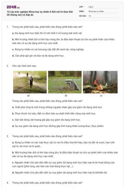10 câu trắc nghiệm Khoa học tự nhiên 6 Kết nối tri thức Bài 38 (Đúng sai) có đáp án