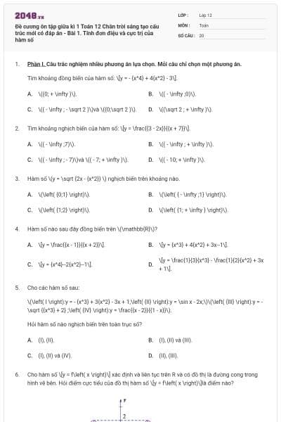 Đề cương ôn tập giữa kì 1 Toán 12 Chân trời sáng tạo cấu trúc mới có đáp án - Bài 1. Tính đơn điệu và cực trị của hàm số