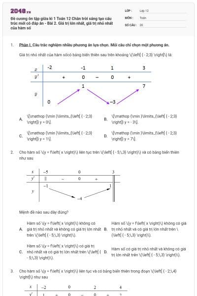 Đề cương ôn tập giữa kì 1 Toán 12 Chân trời sáng tạo cấu trúc mới có đáp án - Bài 2. Giá trị lớn nhất, giá trị nhỏ nhất của hàm số