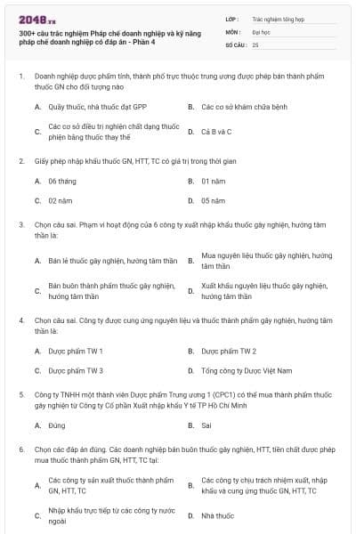 300+ câu trắc nghiệm Pháp chế doanh nghiệp và kỹ năng pháp chế doanh nghiệp có đáp án - Phần 4