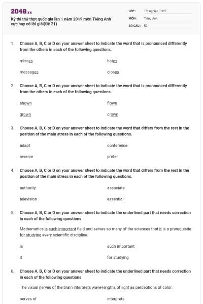 Kỳ thi thử thpt quốc gia lần 1 năm 2019 môn Tiếng Anh cực hay có lời giải(Đề 21)