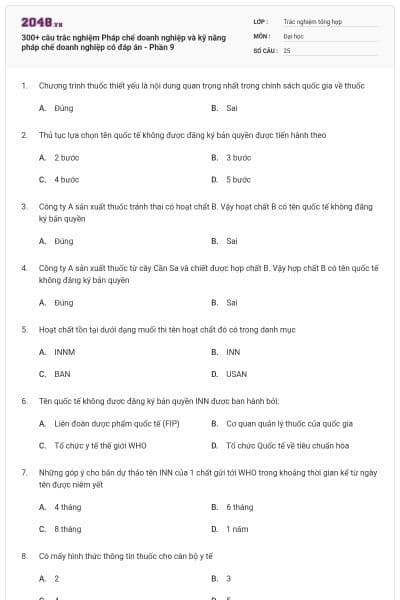 300+ câu trắc nghiệm Pháp chế doanh nghiệp và kỹ năng pháp chế doanh nghiệp có đáp án - Phần 9