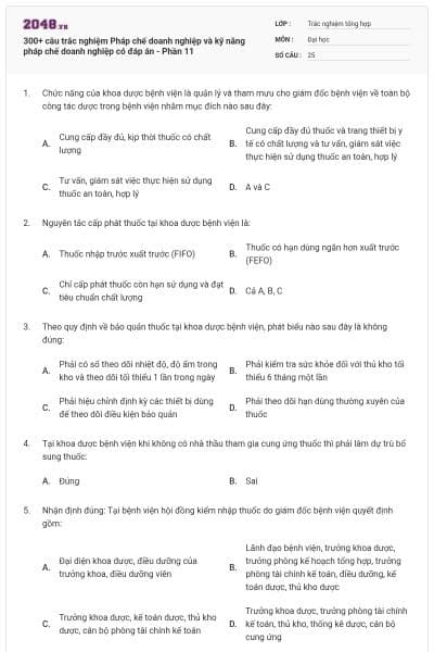 300+ câu trắc nghiệm Pháp chế doanh nghiệp và kỹ năng pháp chế doanh nghiệp có đáp án - Phần 11