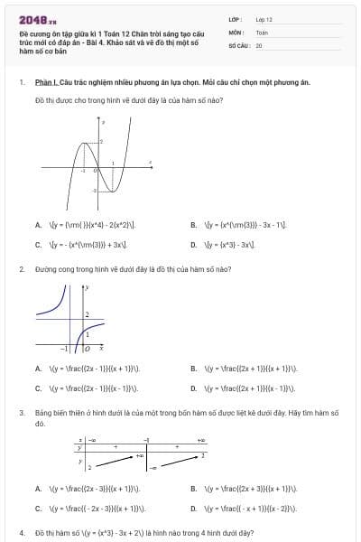 Đề cương ôn tập giữa kì 1 Toán 12 Chân trời sáng tạo cấu trúc mới có đáp án - Bài 4. Khảo sát và vẽ đồ thị một số hàm số cơ bản