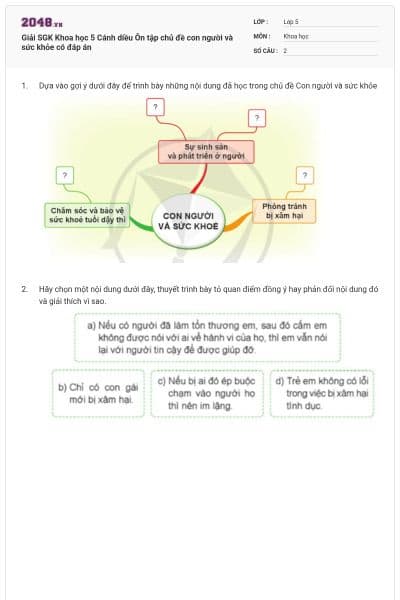 Giải SGK Khoa học 5 Cánh diều Ôn tập chủ đề con người và sức khỏe có đáp án