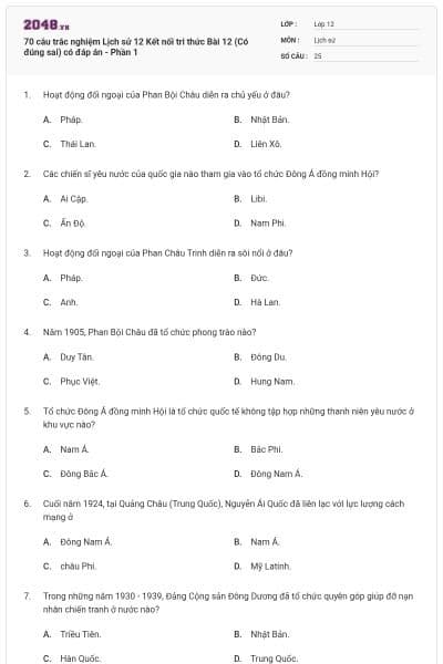 70 câu trắc nghiệm Lịch sử 12 Kết nối tri thức Bài 12 (Có đúng sai) có đáp án - Phần 1