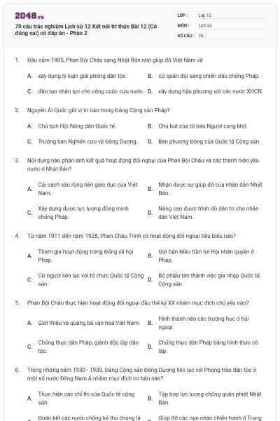 70 câu trắc nghiệm Lịch sử 12 Kết nối tri thức Bài 12 (Có đúng sai) có đáp án - Phần 2
