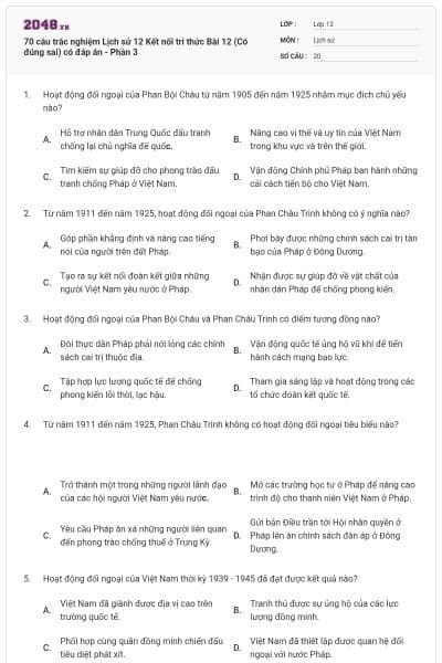 70 câu trắc nghiệm Lịch sử 12 Kết nối tri thức Bài 12 (Có đúng sai) có đáp án - Phần 3