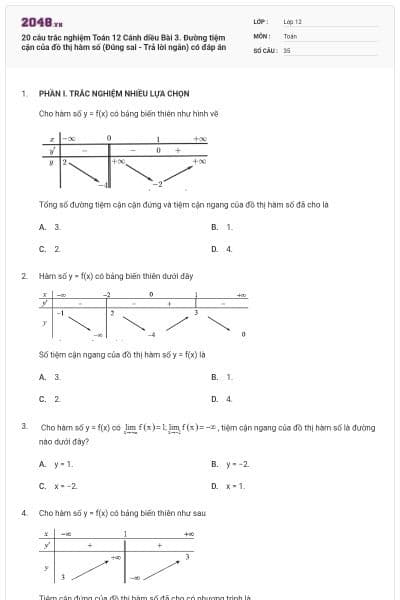 20 câu trắc nghiệm Toán 12 Cánh diều Bài 3. Đường tiệm cận của đồ thị hàm số (Đúng sai - Trả lời ngắn) có đáp án