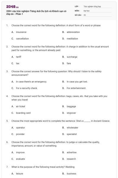 200+ câu trắc nghiệm Tiếng Anh Du lịch và Khách sạn có đáp án - Phần 1