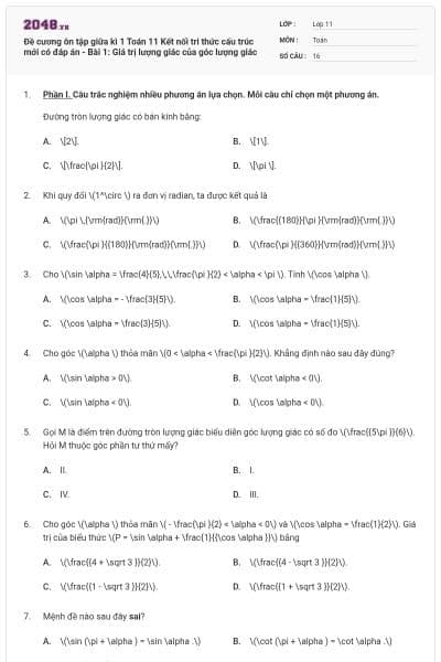 Đề cương ôn tập giữa kì 1 Toán 11 Kết nối tri thức cấu trúc mới có đáp án - Bài 1: Giá trị lượng giác của góc lượng giác