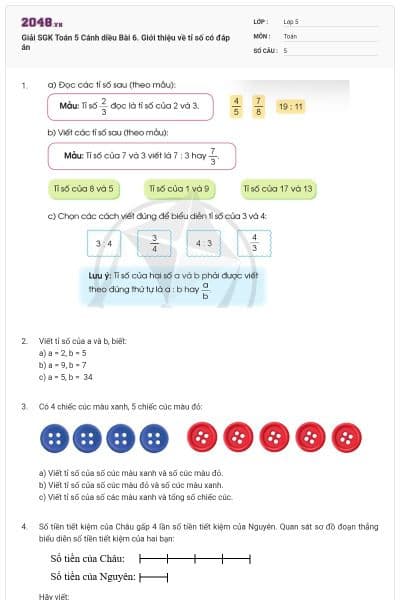 Giải SGK Toán 5 Cánh diều Bài 6. Giới thiệu về tỉ số có đáp án
