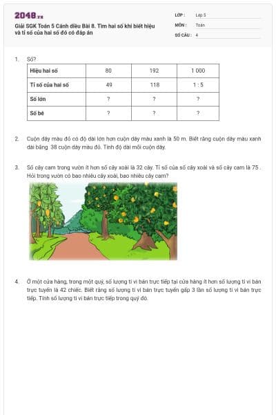 Giải SGK Toán 5 Cánh diều Bài 8. Tìm hai số khi biết hiệu và tỉ số của hai số đó có đáp án